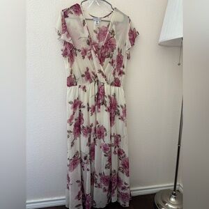 Ankle-length floral maxi dress.